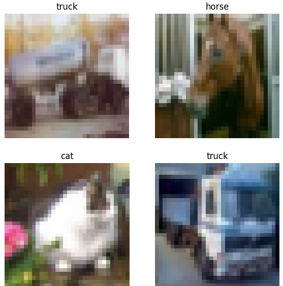 Four low-resolution CIFAR-10 images labeled truck, horse, cat, and truck