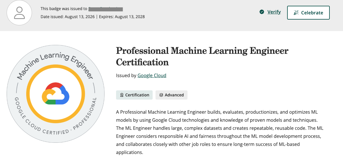 Google Cloud Professional Machine Learning Engineer certification badge