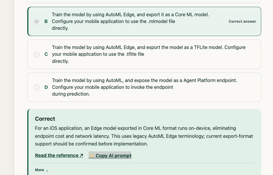 Quiz Trail showing an answer explanation, documentation link, and Copy AI prompt option